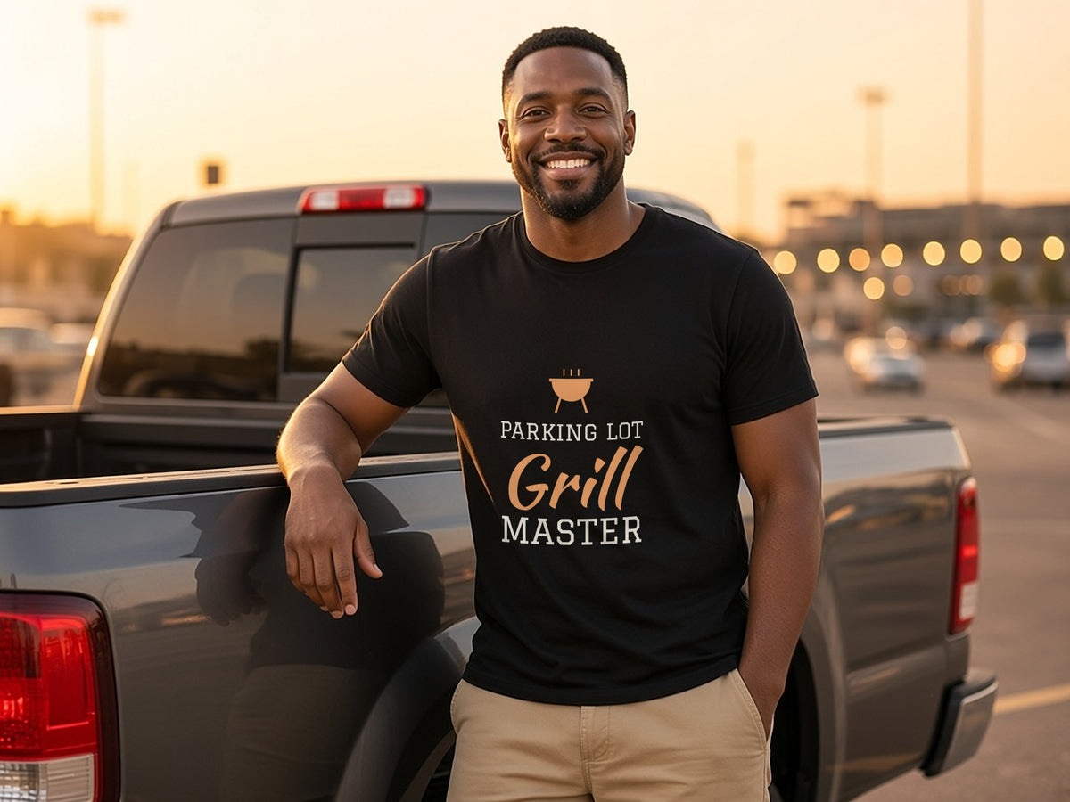 Parking Lot Grill Master T-Shirt, Funny Tailgate Shirt, lifestyle photo, Black